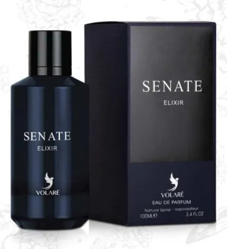 Volare Senate Elixir 3.4 oz Eau de Parfum unisex bottle, rich intense fragrance with warm amber and woody depth