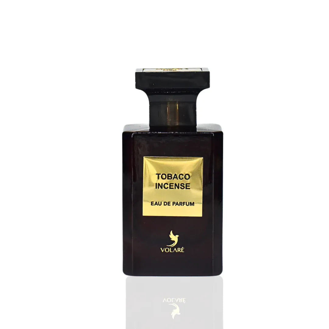 Perfume bottle labeled 'Tobacco Incense' by Volare on a white background