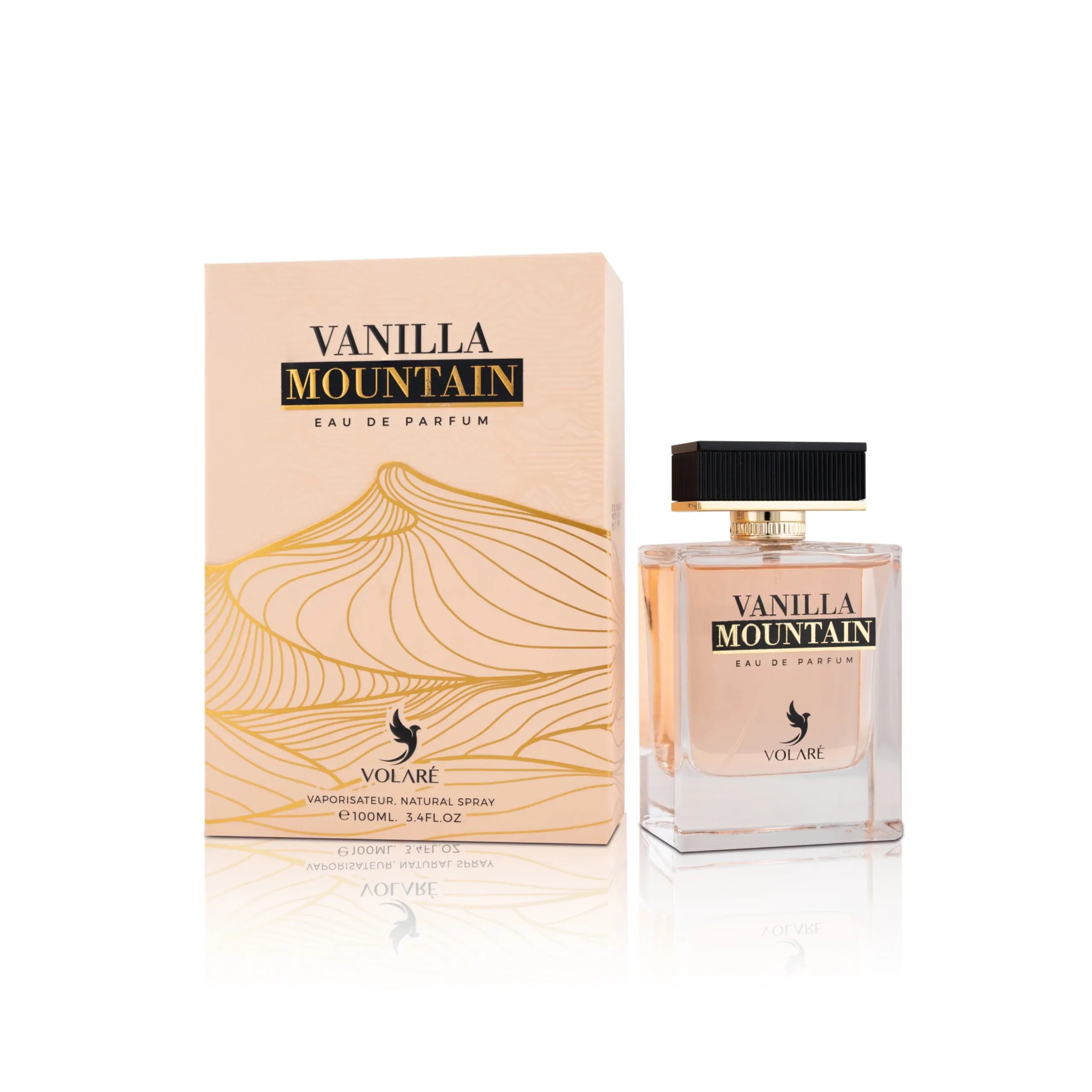 Volare Vanilla Mountain 3.4 oz Eau de Parfum unisex bottle, warm creamy vanilla fragrance with soft woody and musky notes