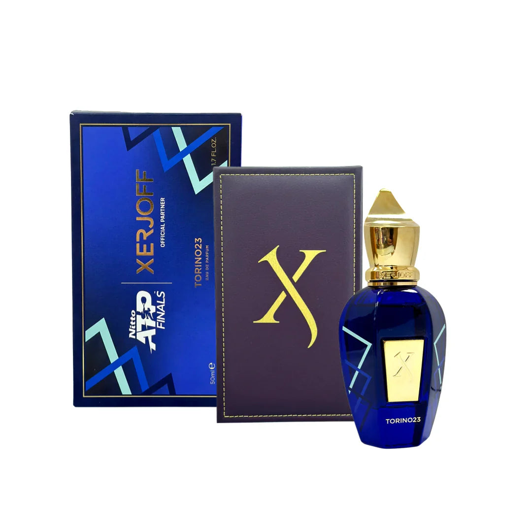 A perfume bottle and its packaging box, both with a blue and gold color scheme, featuring the Xerjoff brand logo.