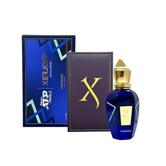 A perfume bottle and its packaging box, both with a blue and gold color scheme, featuring the Xerjoff brand logo.