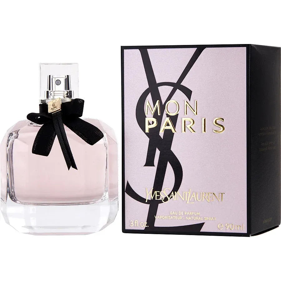 YSL Mon Paris 3.0 oz Eau de Parfum for women, romantic floral fragrance with fruity top notes, rich florals, and warm musky woods