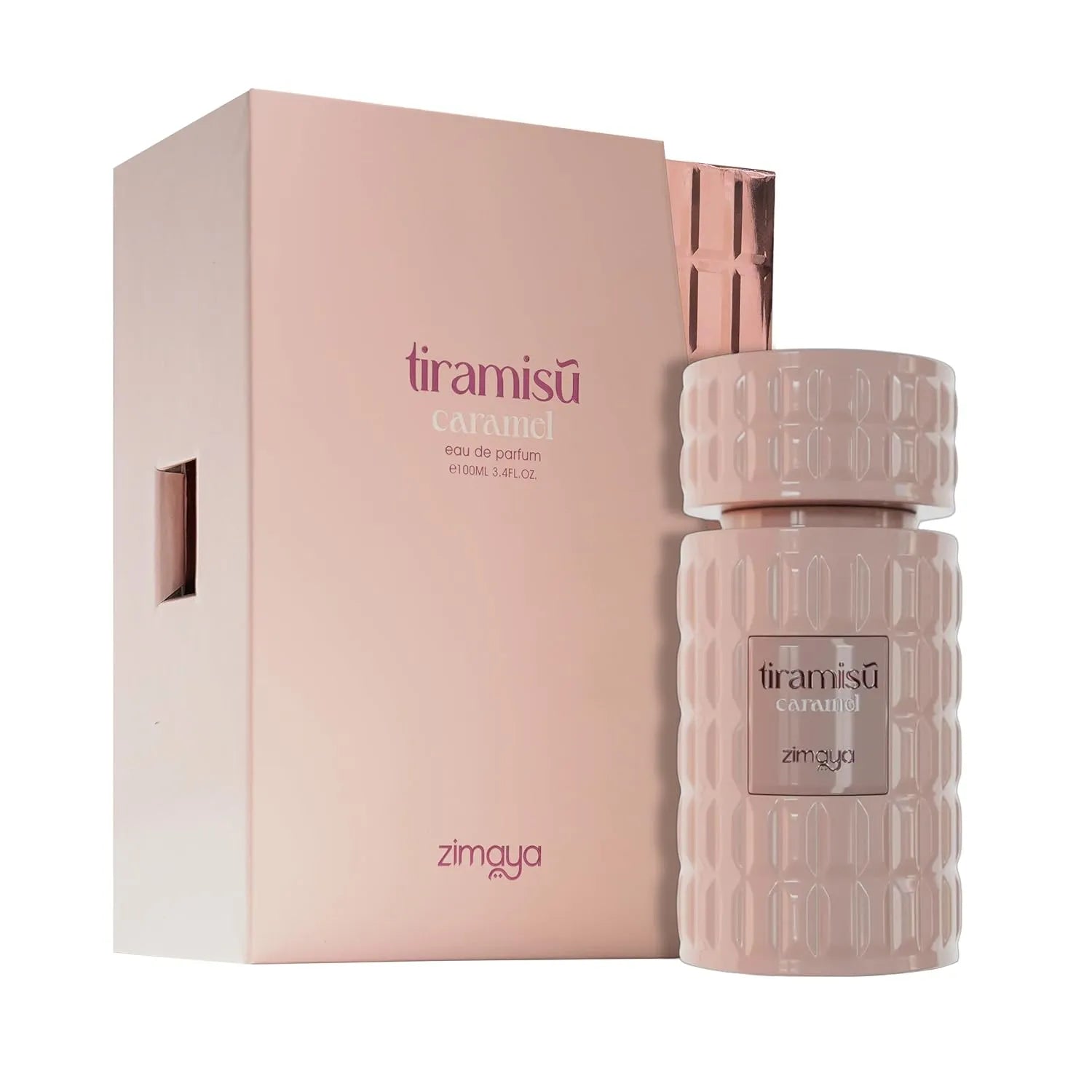 Zimaya Tiramisu Caramel perfume bottle and packaging on a white background