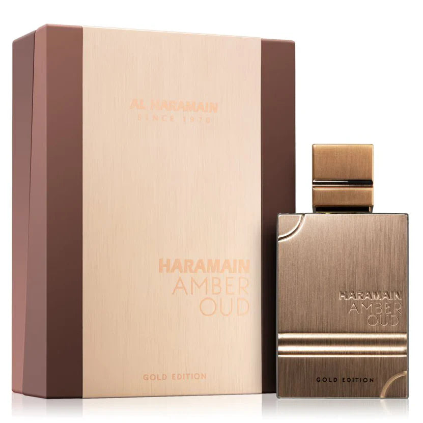 A luxurious unisex fragrance called Al Haramain Amber Oud Gold Edition 2.0 Edp, featuring a gold-colored bottle and packaging with elegant designs.