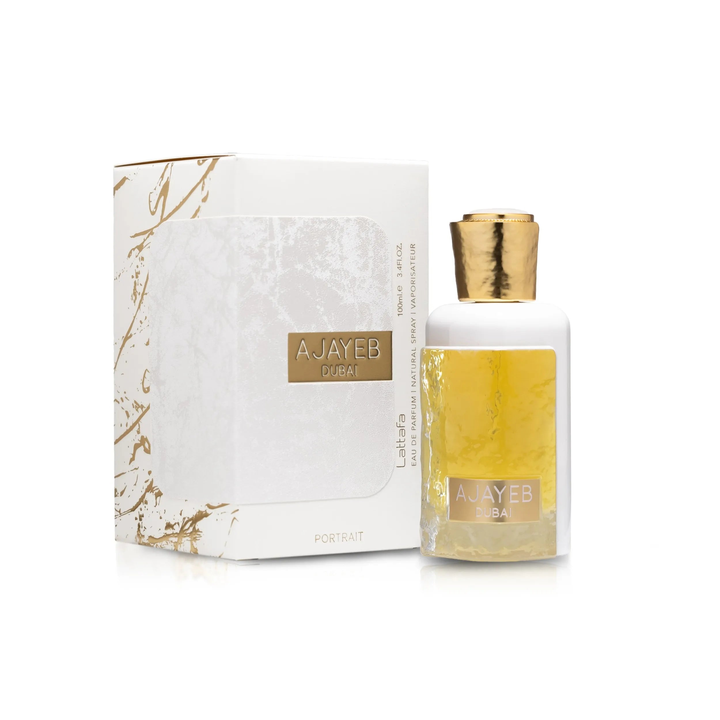 Lattafa Ajayeb Dubai Portrait 3.4 oz Eau de Parfum unisex bottle, rich luxury fragrance with amber, woody, and musky notes