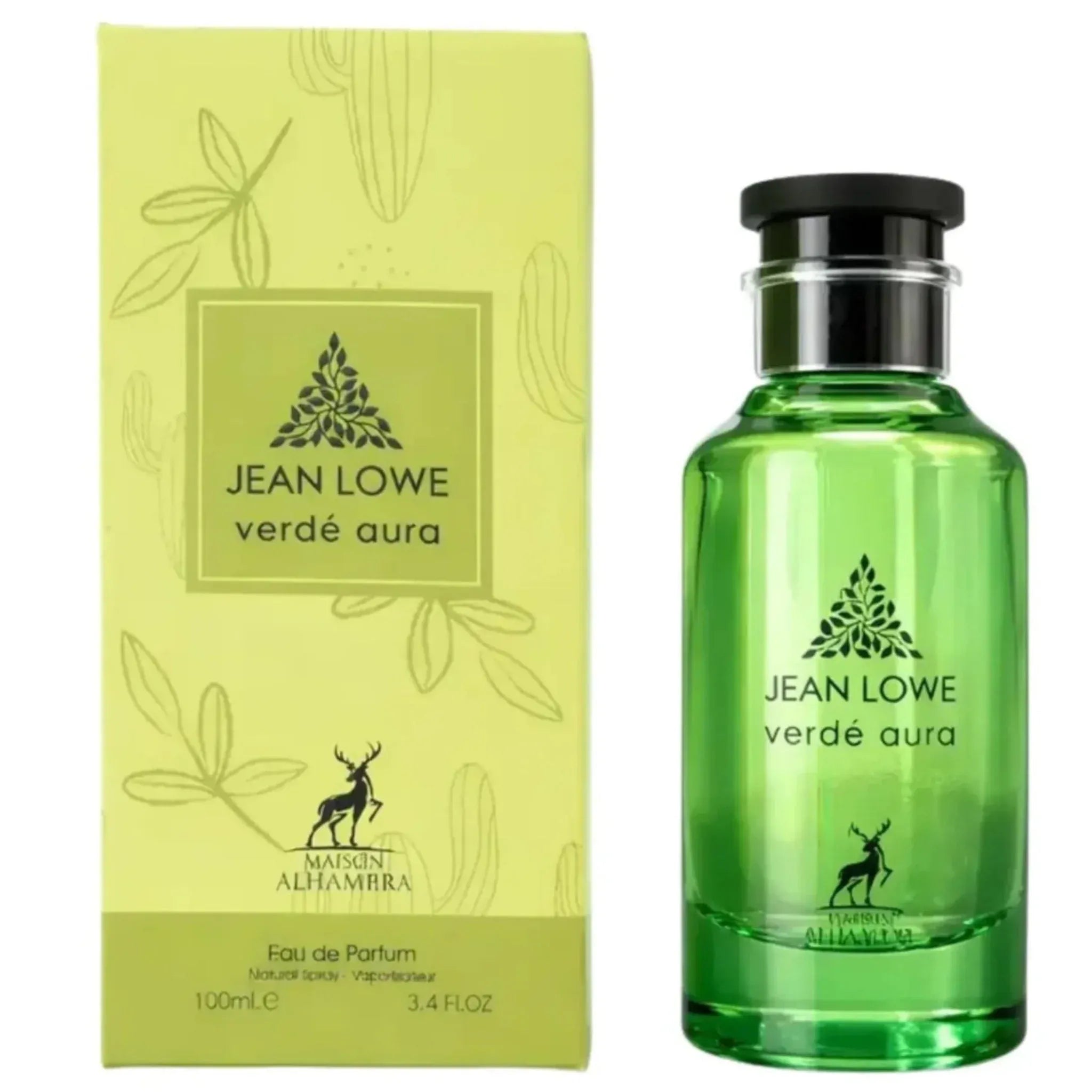 Jean Lowe Verdé Aura perfume bottle and its packaging box. The bottle is made of translucent green glass with a black cap, and the box is a pale yellow-green with botanical line drawings and black text.