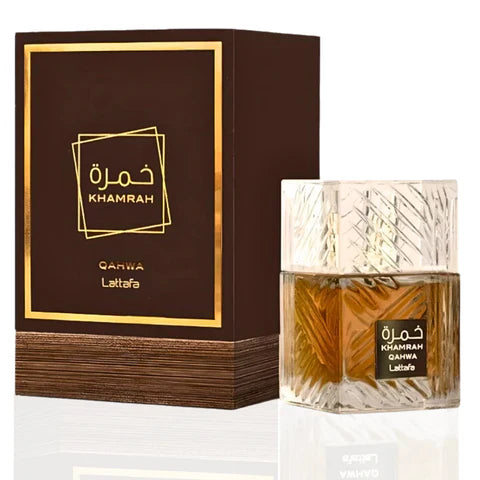 Lattafa Khamrah Qahwa 3.4 EDP – a rich unisex fragrance blending warm spices, sweet vanilla, and deep coffee for an addictive scent trail.

